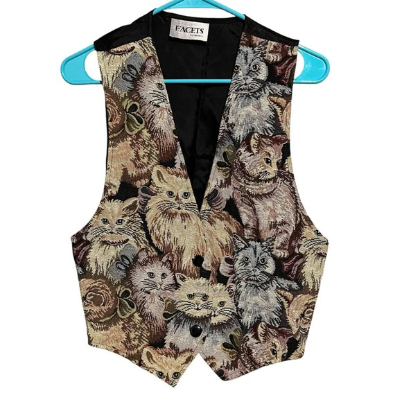 Vintage Facets Cat Vest All Over Print Cats USA Made Rare Vest Obscure Loud Sz M - Picture 1 of 7